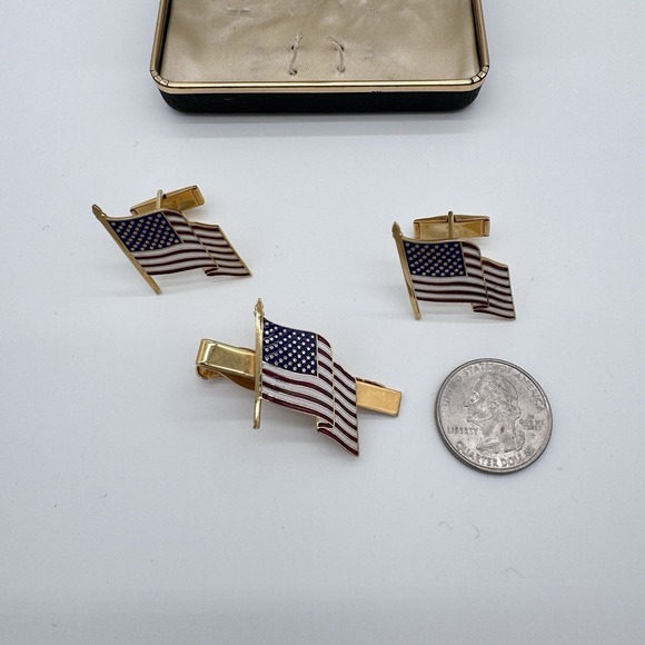 Vintage US American Flag Enamel Cuff Links Tie Tack USA Unbranded Gold - Picture 11 of 11
